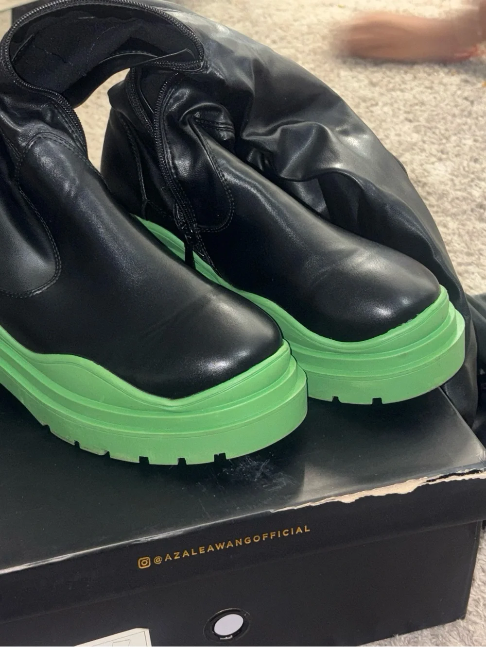 Womens  Black Leather Boots with Green Sole